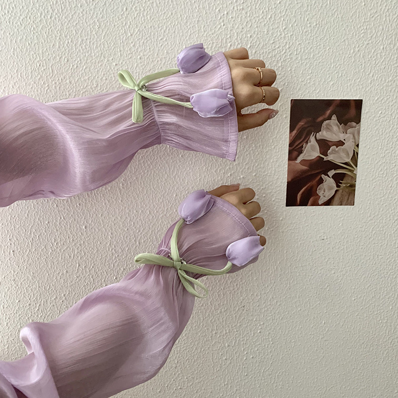 Mangas de hielo, mangas de seda de hielo, verano femenino, nuevo estilo, lazo, flores grandes, mangas de mano sueltas, protectores de brazos, mangas de protección solar para conducir