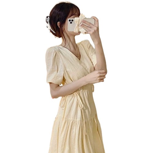 French-style first love sweet dress for women vintage V-neck cinched waist slimming gentle style super fairy forest-themed chic summer dress