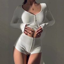 欧美跨境春夏季新款性感时尚紧身辣妹连体裤修身长袖短裤女装套装