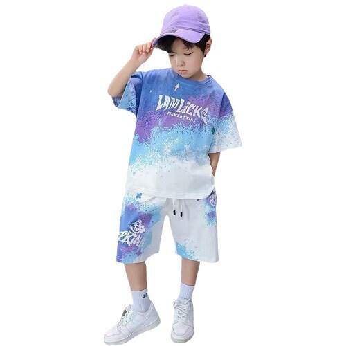 Boys summer suit loose sportswear  new big children's trendy brand street children's printed two-piece short-sleeved set