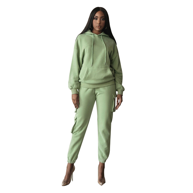 2021 cross-border European and American autumn and winter urban casual solid color hooded pocket trousers women's drawstring long-sleeved sweater suit