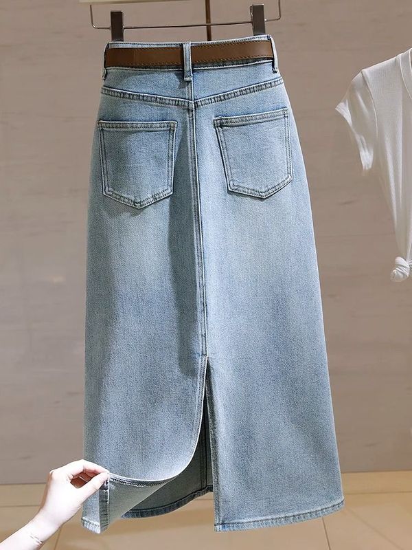 気質デニムスカート女性夏の薄いデザイン感ポケット高腰スリムスリムa字オープンフォーク中ロングスカート|undefined
