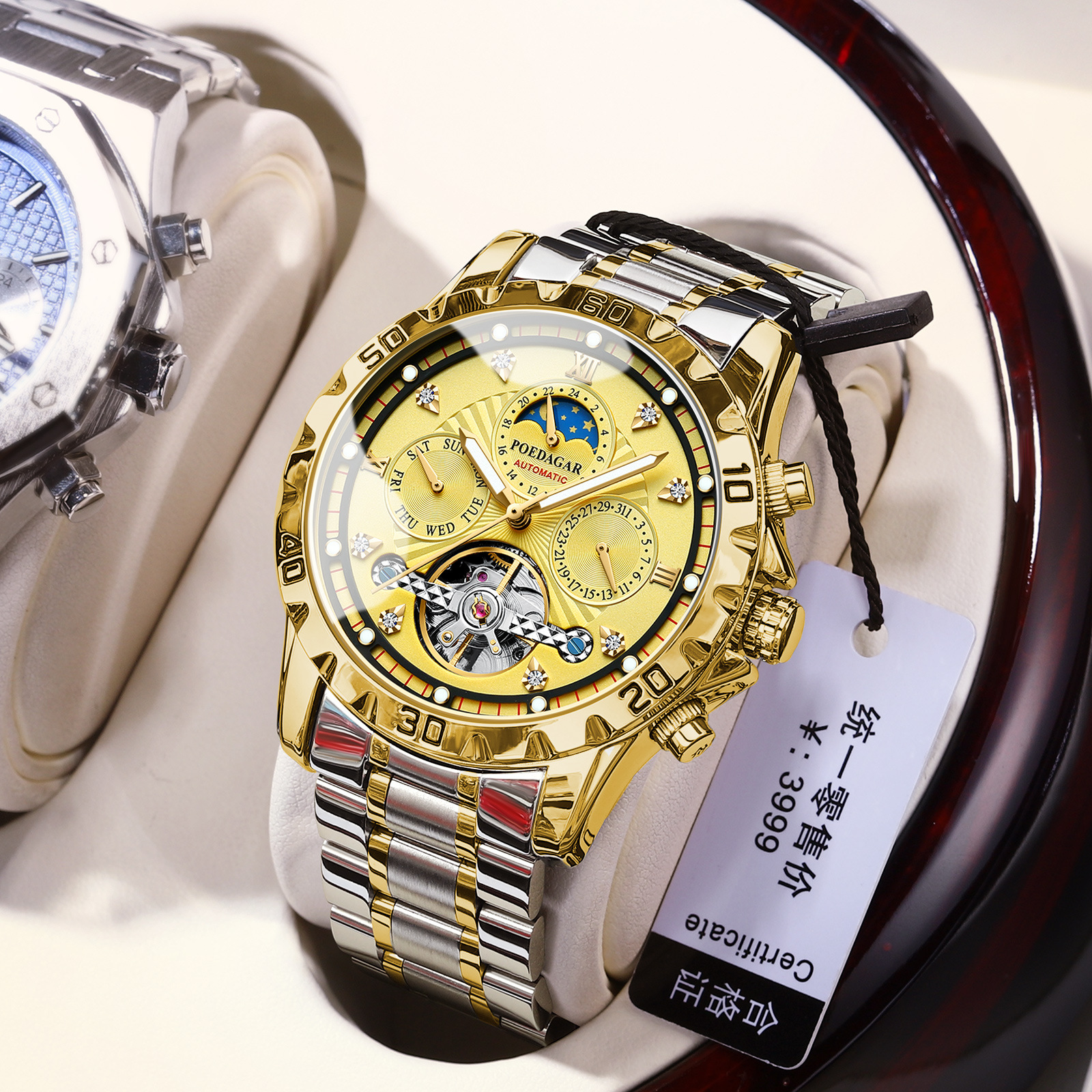 POEDAGAR / Reloj mecánico automático de lujo multifuncional hombre hueco correa de acero oro reloj