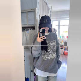 美式复古毛衣女秋冬加厚字母提花灰色圆领针织衫宽松套头长袖上衣