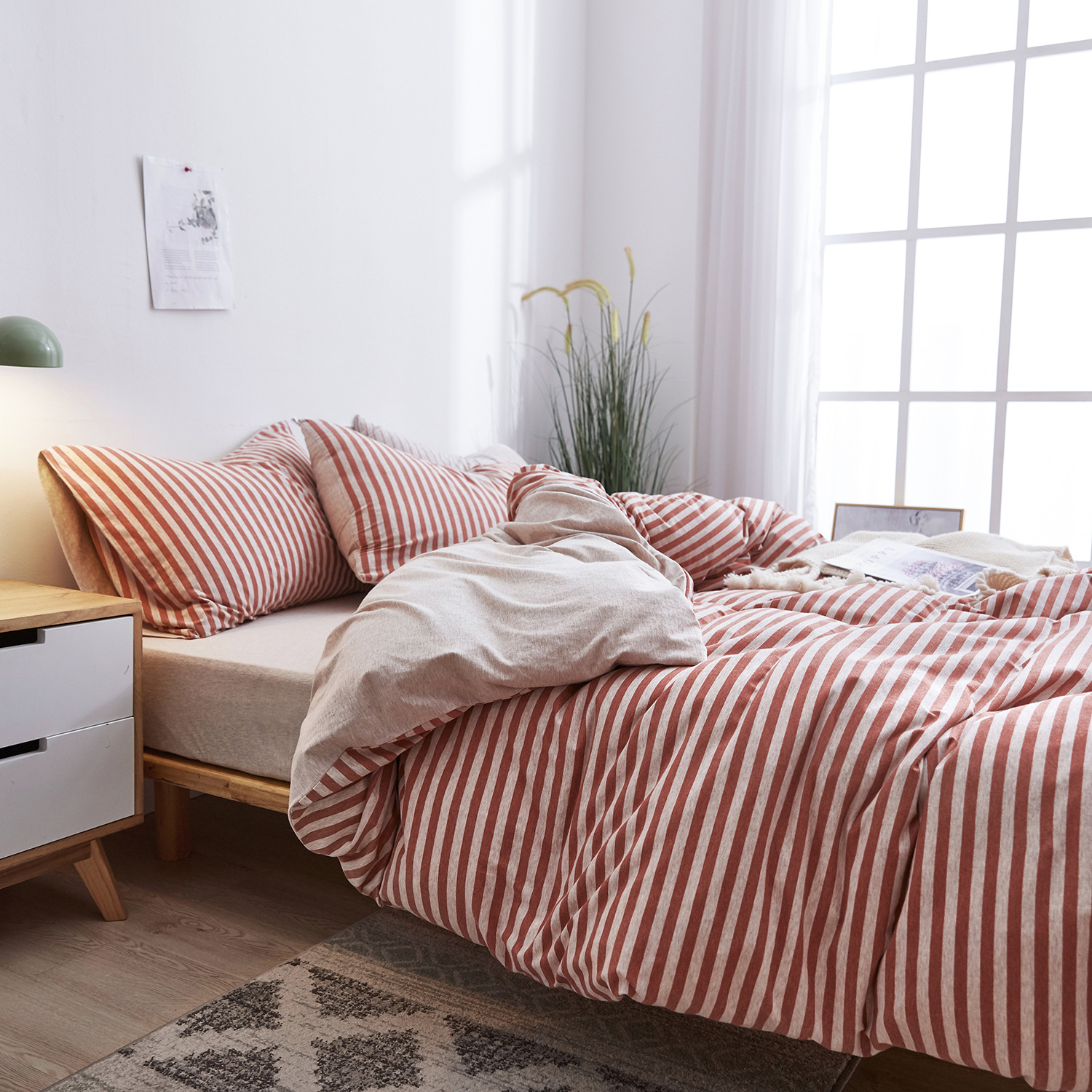 Pure Cotton Good Four Seasons Tianzhu Cotton Four-piece Set Knitted Cotton Non-print Simple Stripe Three-piece Set Bedding