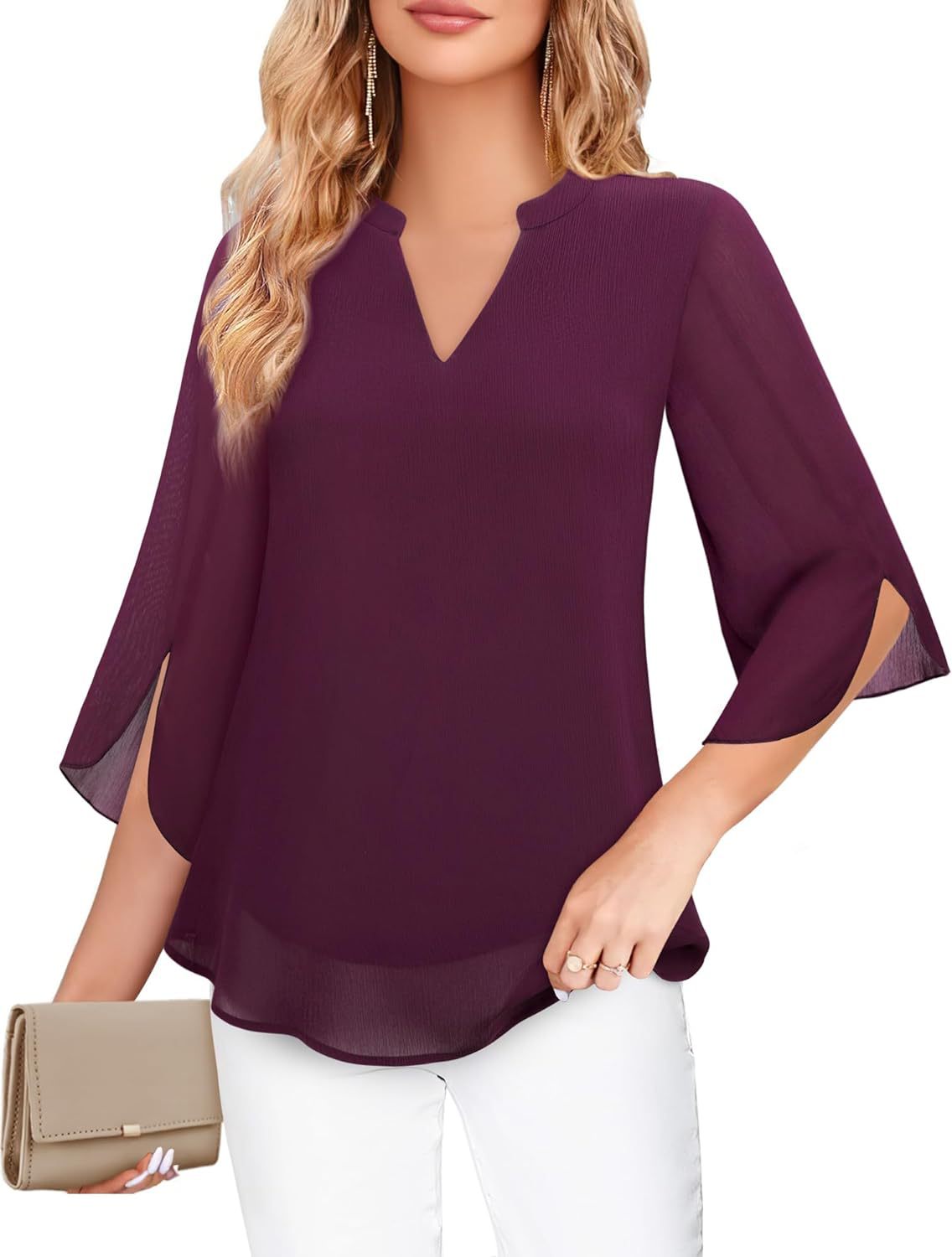 Damen Chiffonbluse Mit V-ausschnitt Und Blütenärmeln_voghion.com