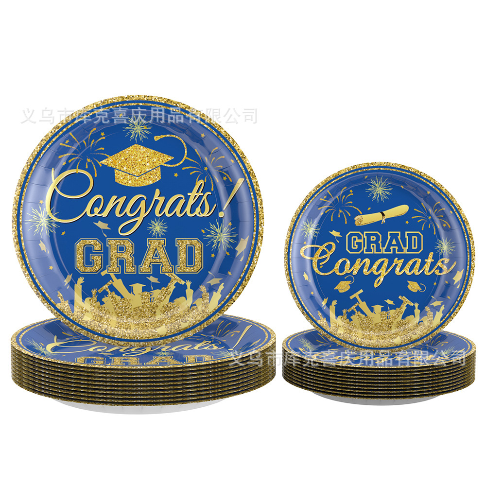 Nuevo juego de vajilla con tema de fiesta de la temporada de graduación de oro azul transfronterizo, bandeja de papel desechable, toallas de papel, vasos de papel, suministros navideños