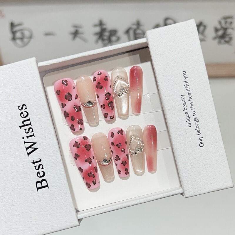 Personalized Wearing Armor Handmade Sweet Cool Spice Girl Pink Leopard Cat's Eye Nail Art Bead Curtain Loving Detachable Diamond Nail Pieces