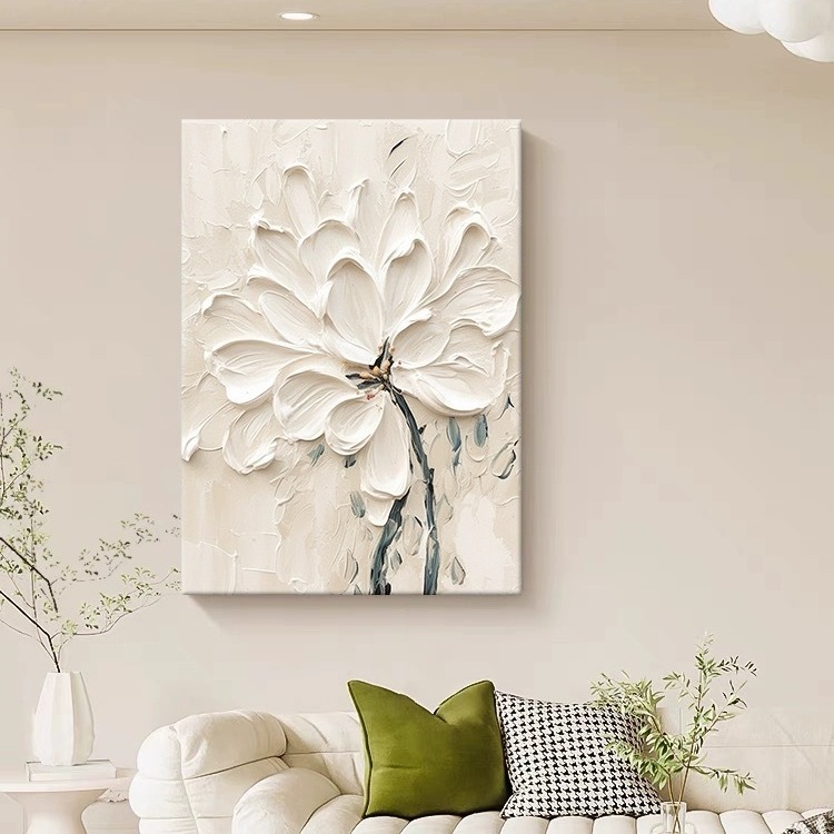 Living Room Decorative Painting Cream Style Abstract Pure Hand-Painted White Flower Stereo Texture Painting Entrance Hanging Painting Oil Painting