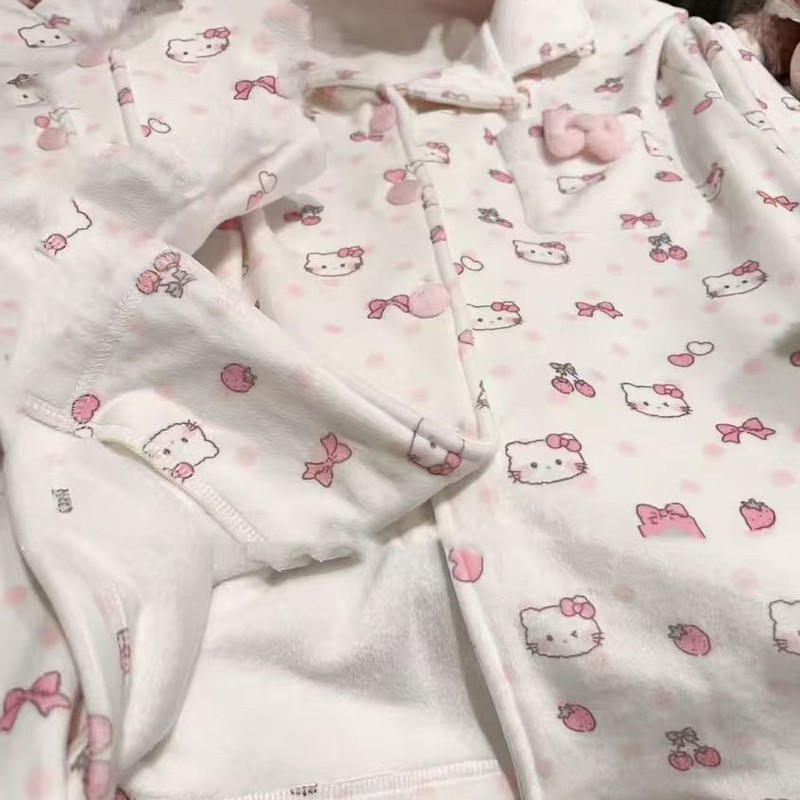超萌满印凯蒂猫睡衣女秋冬季保暖德绒长袖长裤套装美少女家居服|undefined