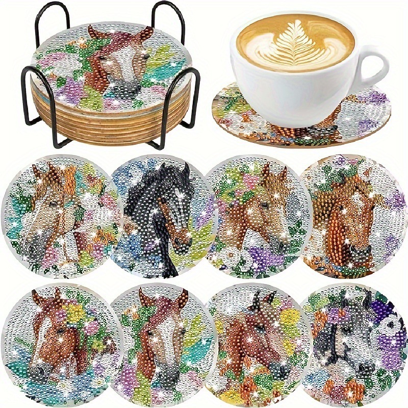 Ventas transfronterizas calientes de 8 piezas de conjunto de cojín de taza de arte de diamante, con soporte, pequeño conjunto de pintura de diamante, adecuado para adultos