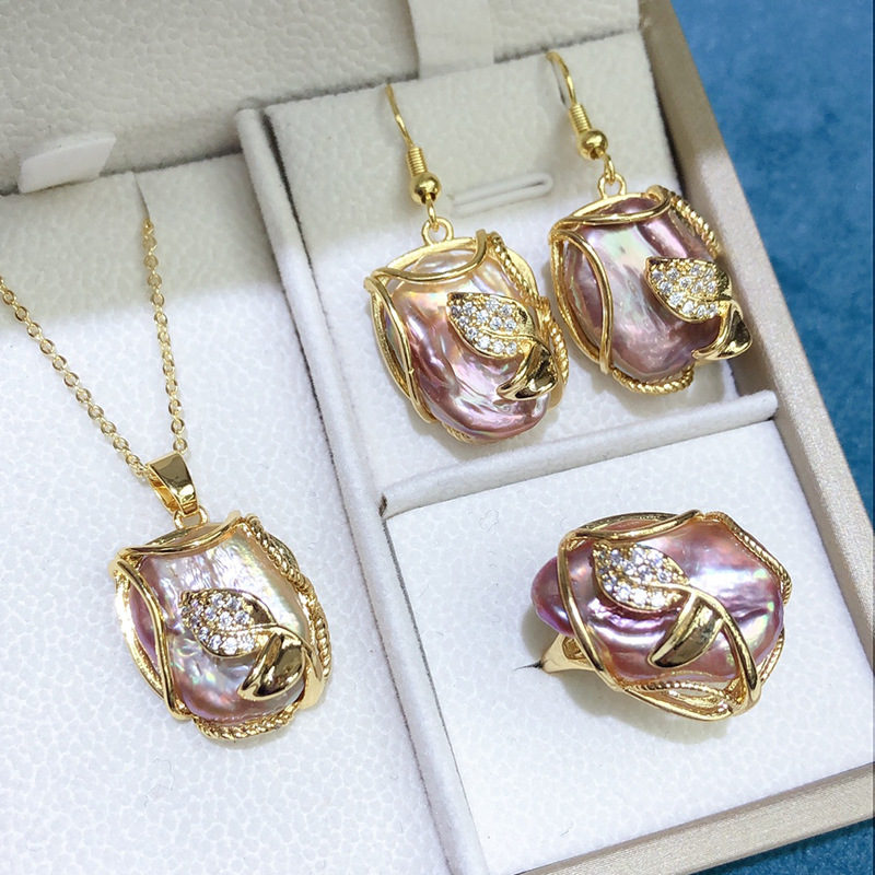 Irregular, Leaf Pattern Women's Gender Plating Design Elegant Irregular Leaf Freshwater Pearl Copper Gold Plated Rings Earrings Necklace In Bulk