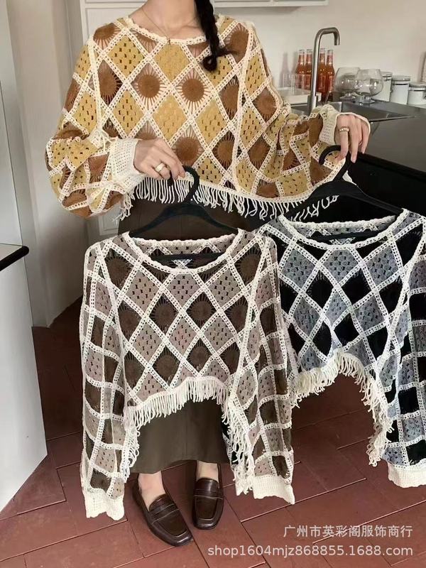 西洋スタイル秋の新レトロファッションかぎ針編みニットカーディガン女性のデザインニッチタッセルセータージャケットトップ|undefined