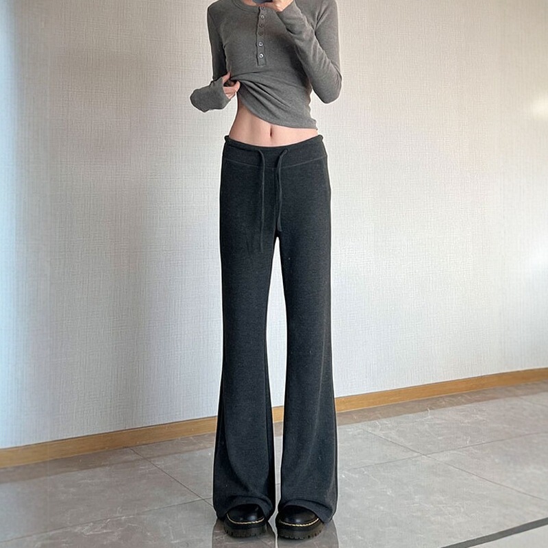 American-Style Lazy Knit Gray Casual Pants for Women, New Autumn High-Waisted Drapey Straight-Leg Wide-Leg Pants
