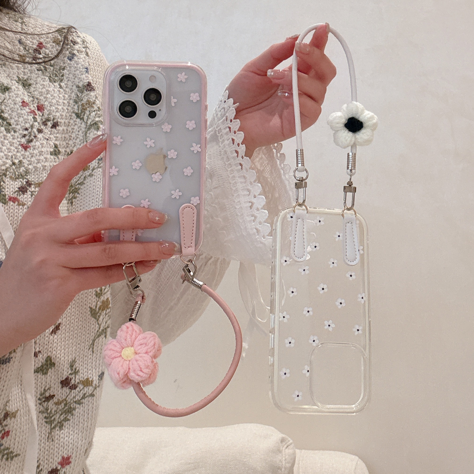 Ins coreanos flores frescas pequeñas con cordón iPhone16ProMax 14 Apple 15 funda para teléfono móvil 13 femenino 16P