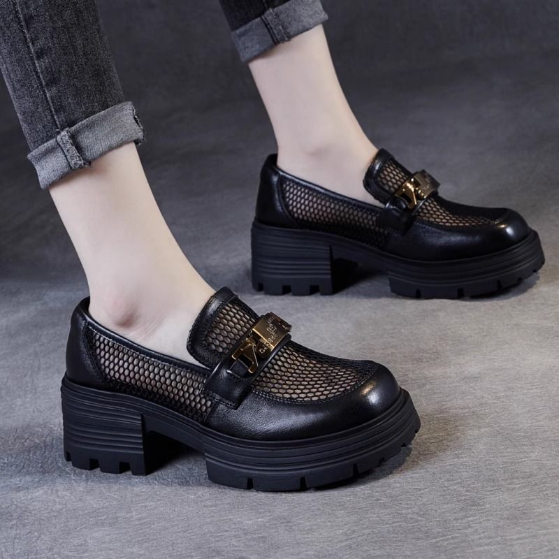 Zapatos Lofu de suela gruesa de malla para mujer 2025 nuevos zapatos de mujer de un solo pedal estilo de verano zapatos de cuero de estilo británico zapatos individuales huecos
