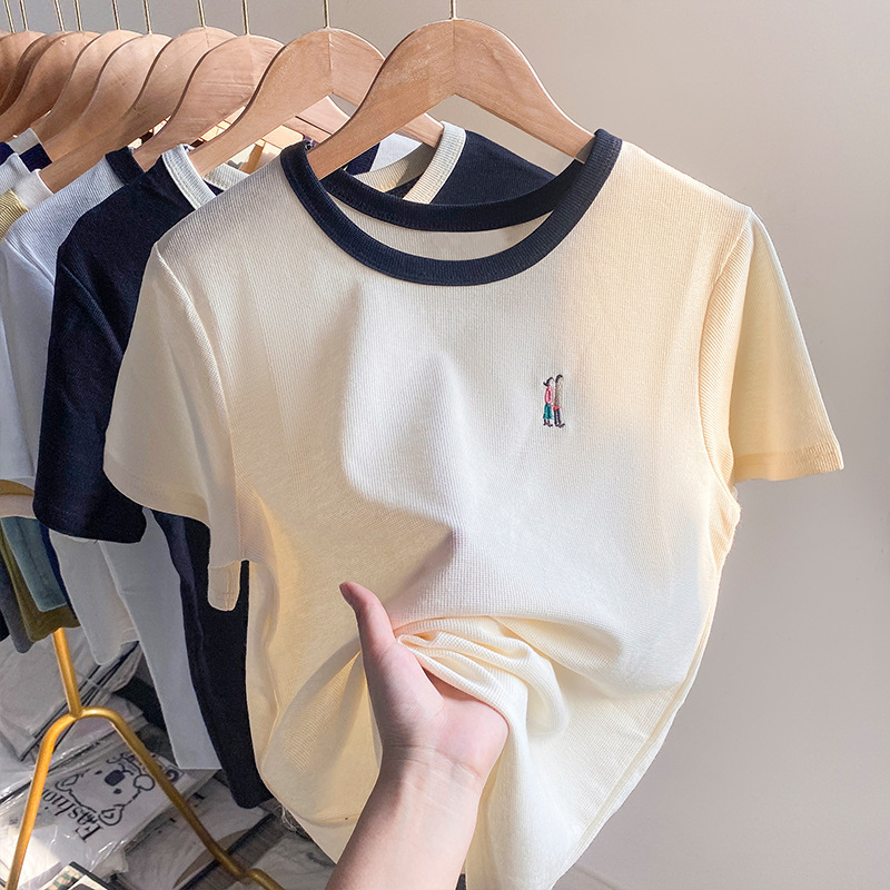 Apricot-Colored Cotton Short-Sleeve Women's Summer 2026 New Design Embroidered T-Shirt, Thin Waffle Fabric Slimming Top Apricot-Colored Cotton Short-Sleeve Women's Summer 2026 New Design Embroidered T-Shirt, Thin Waffle Fabric Slimming Top