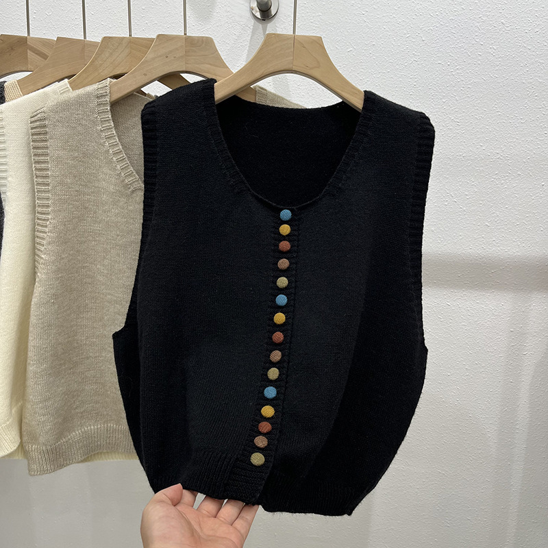 Retro arcoíris botón de cuello redondo chaleco de punto para mujeres 2025 otoño y invierno nuevo plegado para vestir una camisa universal para mujeres image 8