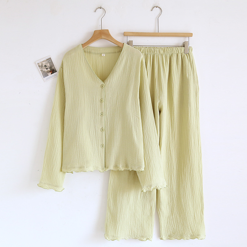 Spring and Autumn Soft Green Long-sleeved Cardigan Pajamas Women's Loose Simple Casual Style Cotton Yarn Solid Color Home Clothes suit