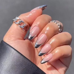 電鍍法式御姐美甲銀邊法式粉底可拆卸穿戴甲國內外熱銷杏仁甲甲片