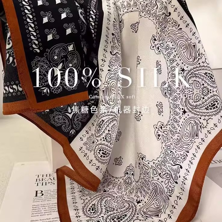 French Luxury Paisley Cashew Silk Crepe Scarf For Women - Summer Thin Mulberry Silk Vintage Square Scarf For Autumn/Winter - Thumbnail 3