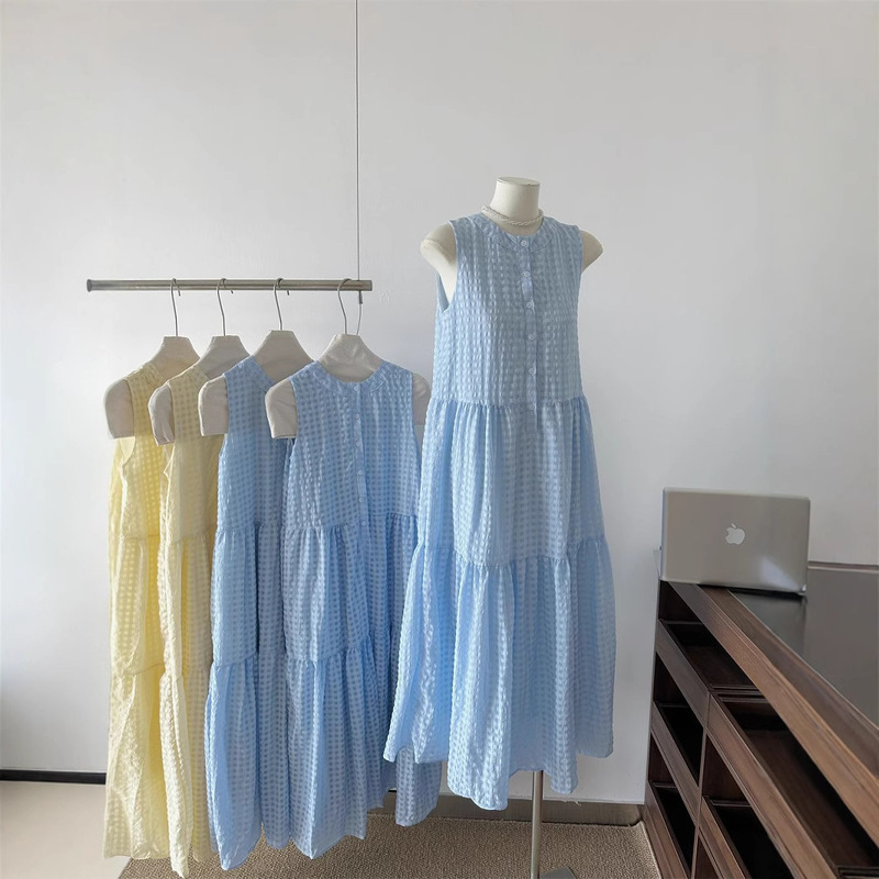 Sweet Holiday Style Plaid Vest Light Yellow Dress for Women 2026 Summer New Loose Long Chic Dress