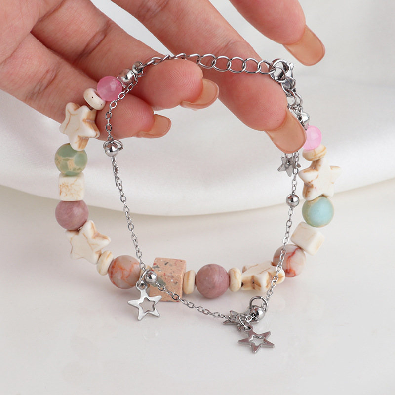 Gentle Universe Original Hand-made Cream Color Double-layer Star Bracelet Niche Design Girl's Natural Stone Beads