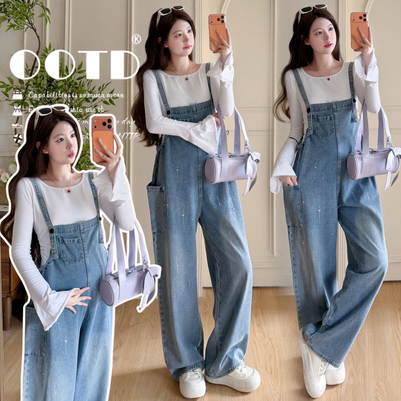 Maternity Denim Overalls Set for Spring and Autumn, Loose Fit, Slimming Wide-Leg Pants, Long-Sleeve Base Shirt, Wholesale and Dropshipping Maternity Denim Overalls Set for Spring and Autumn, Loose Fit, Slimming Wide-Leg Pants, Long-Sleeve Base Shirt, Wholesale and Dropshipping