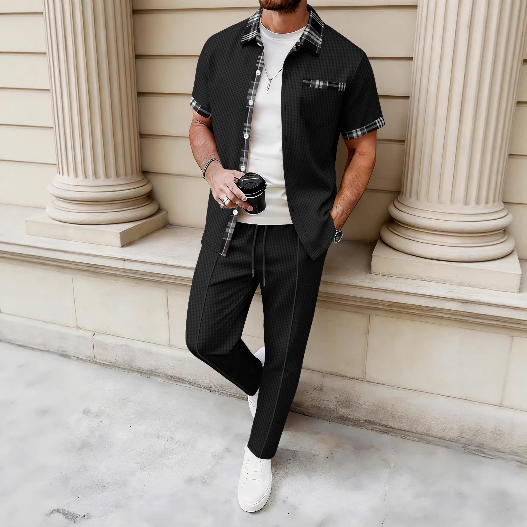 Completo uomo camicia e pantaloni in tessuto nido d'ape_voghion.com