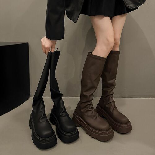 Small knight boots 2025 autumn and winter popular high-height, knee-length, black thick heels, piled long boots, thin boots