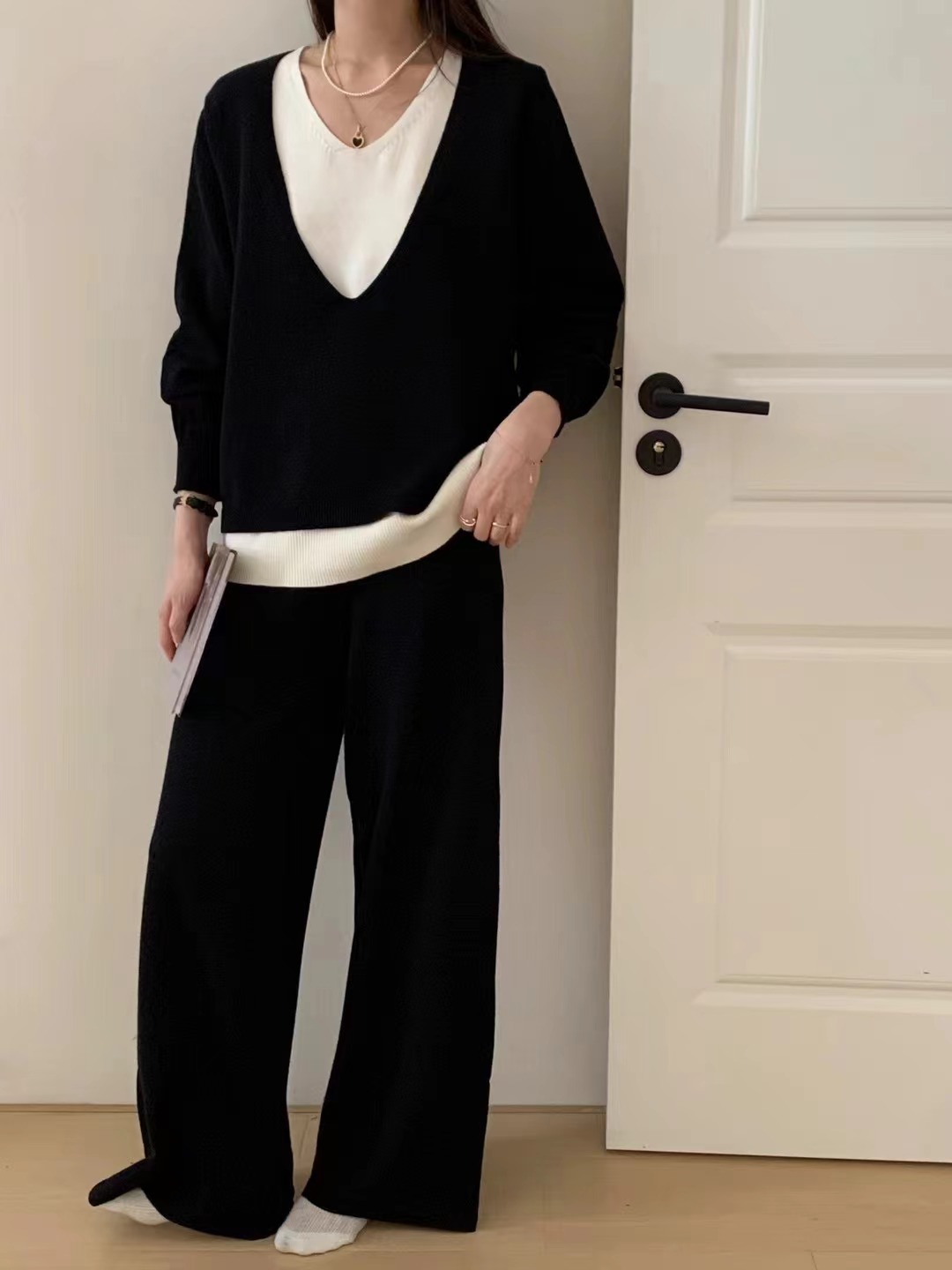 Damen Strick Anzug V-ausschnitt Pullover Und Weite Hose_voghion.com