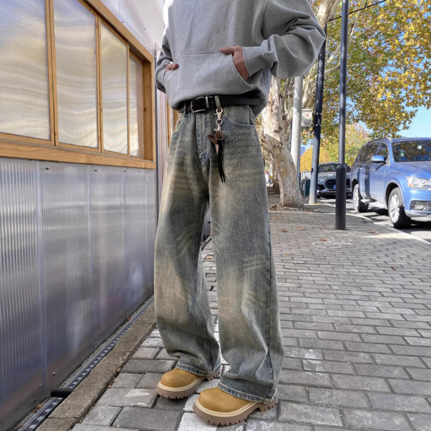 Men's Retro Distressed Cement Yellow Wide Leg Jeans High Waisted Loose Fit Slimming Straight Leg Jeans New Style Machine Washable_mkmklike.com