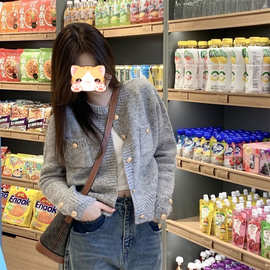 秋冬新款百搭灰色小香风外套针织开衫宽松风感毛衣女跨境