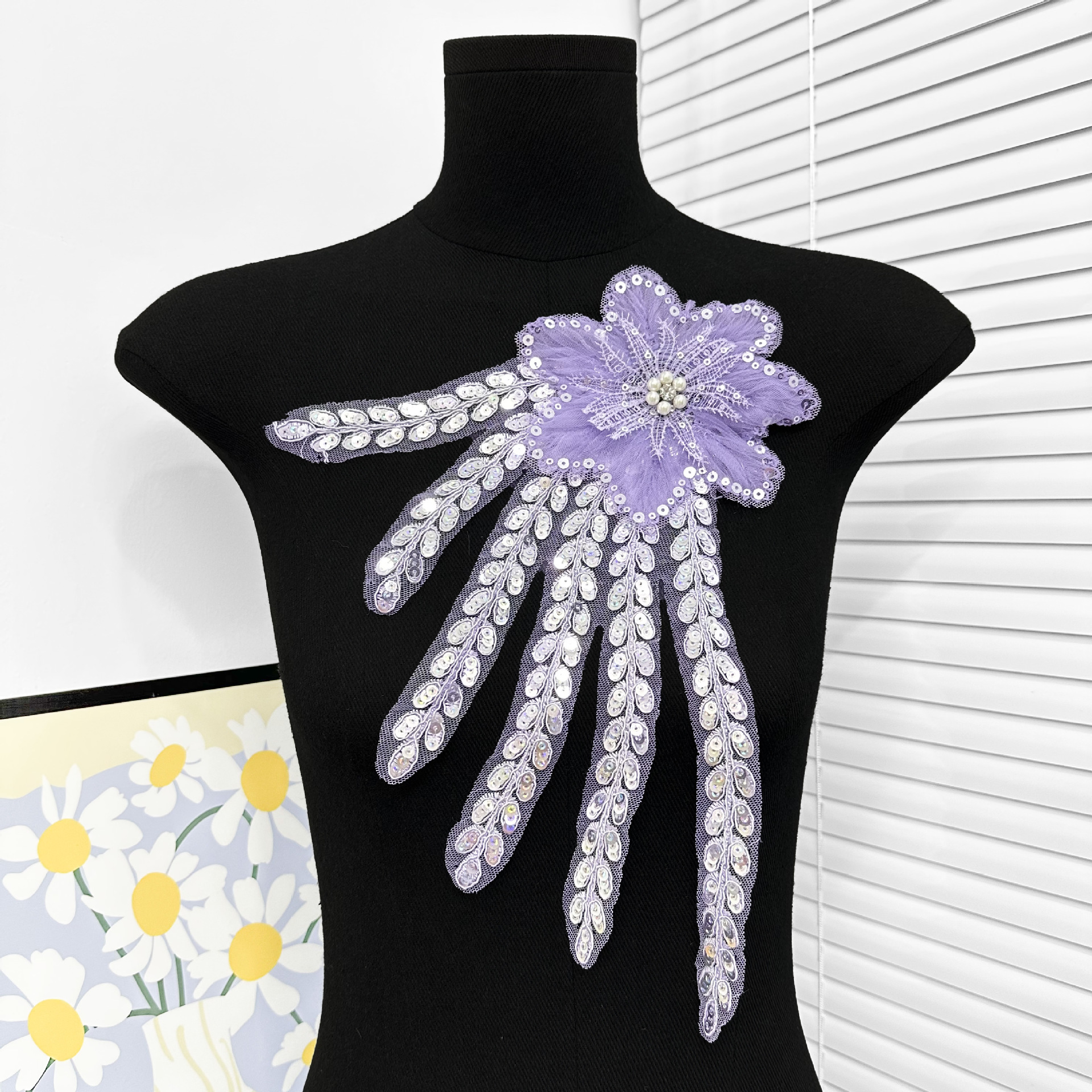 Super inmortal flor tridimensional computadora bordada esquinilla clavos de flores de malla encaje vestido de boda accesorios