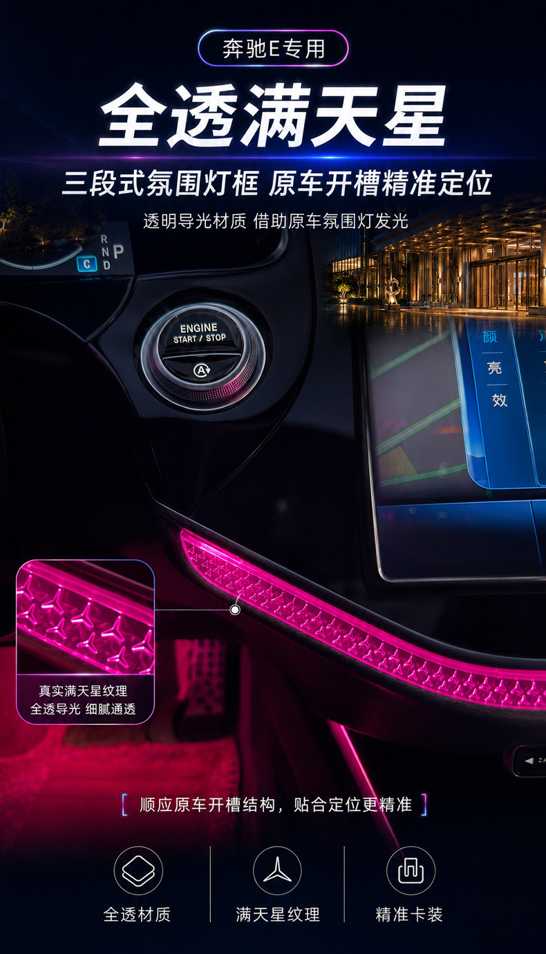 Suitable for Mercedes-Benz E-Class E260L center console ambient lighting, starry sky screen, crystal frame under the screen, E300 interior decoration accessories