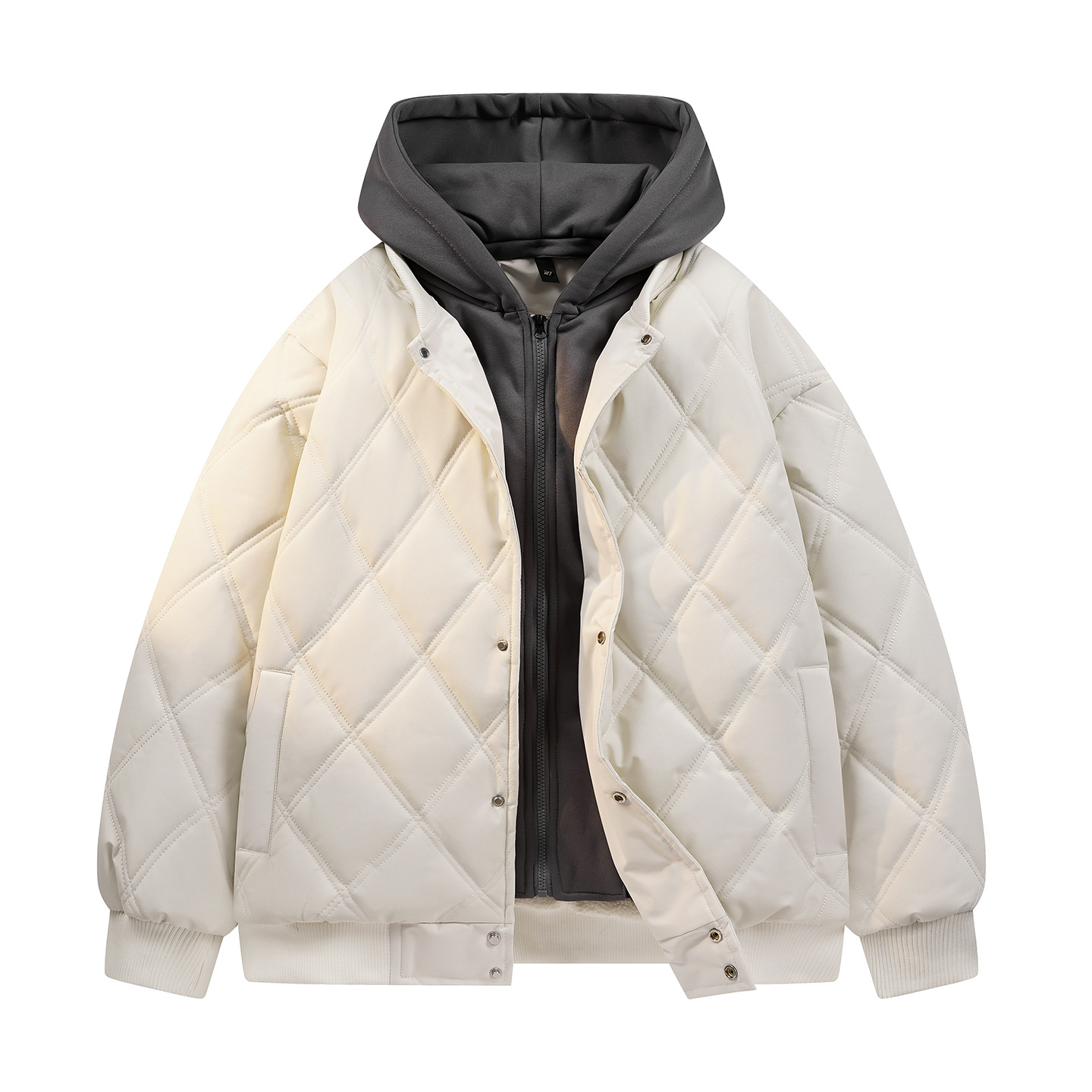 Wholesale of men's and women's winter diamond-patterned detachable hooded cotton jackets with fleece lining for cold protection