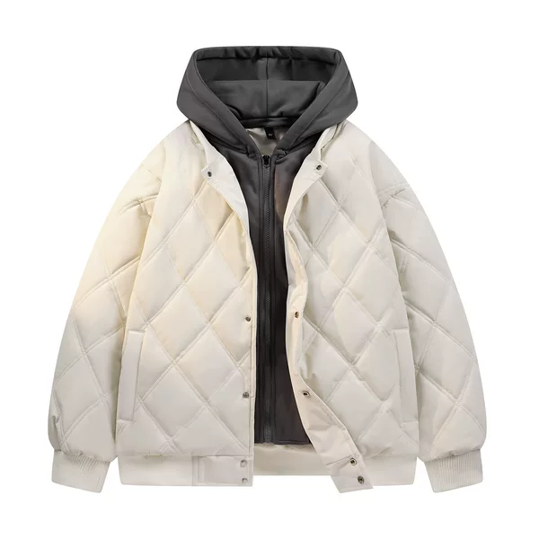 Wholesale of men's and women's winter diamond-patterned detachable hooded cotton jackets with fleece lining for cold protection