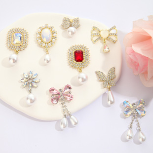 French Bow Butterfly Red Gemstone Dense Set Zircon Imitation Pearl Elegant Pendant DIY Alloy Jewelry Accessories