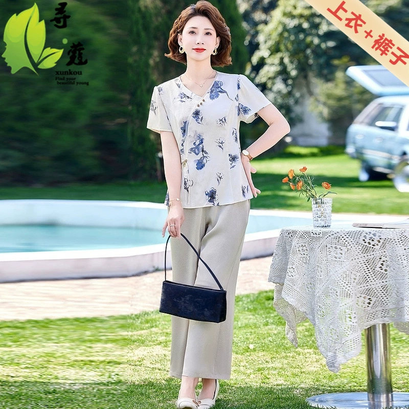 Летний женский повседневный костюм для мамы, модный и простой, женский костюм для похудения талии среднего и пожилого возраста, комплект из двух предметов для женщин среднего возраста