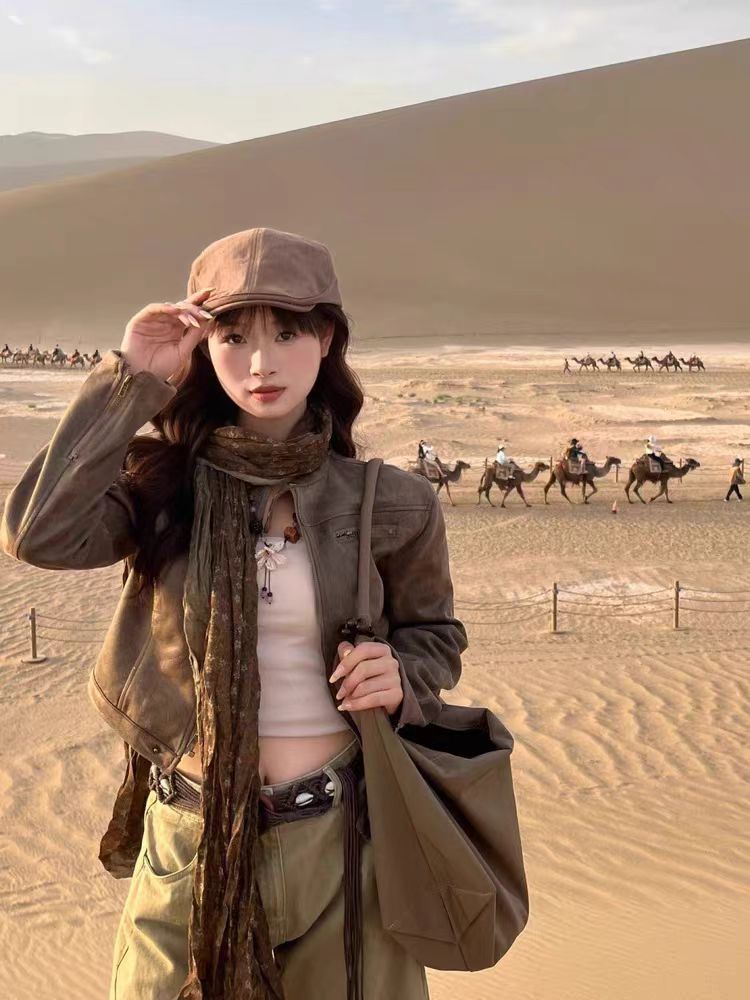 Xinjiang Northwest Desert Travel Outfit American Retro Brown Jacket Hot Girl Slim Short Motorcycle Jacket for Women