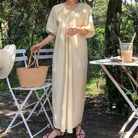 法式高级感褶皱抽绳连衣裙女2024夏季新款时尚泡泡袖休闲系带长裙