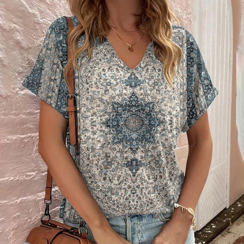 Bohemian style new short sleeve European and American cross-border 2025 T-shirt printing trend casual loose 3D color printing