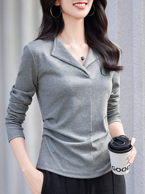 纯色翻领长袖T恤女2025秋装新款气质抽褶显瘦内搭百搭上衣打底衫|undefined