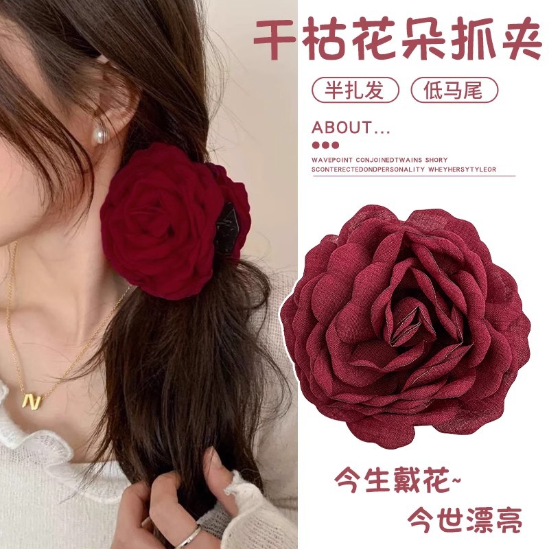 Camellia de satén simple clip de agarre de cabello de mujer mitad abrazadera para el cabello temperamento bajo clip de cabello de cola de caballo clip de cabello