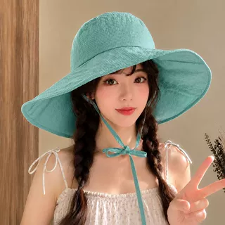 绿色格纹遮阳渔夫帽女夏季大帽檐速干薄款透气防晒帽户外登山盆帽