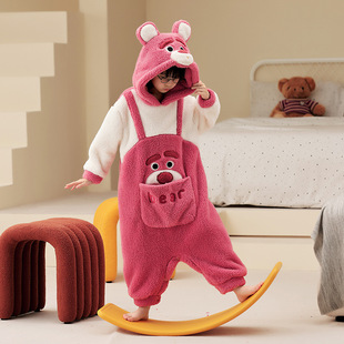 Girls' Thickened Conjoined Pajamas Autumn and Winter Coral Fleece Children's Hooded Kick-proof Home Clothes Girls' Warm Double-layer Sleeping Bag