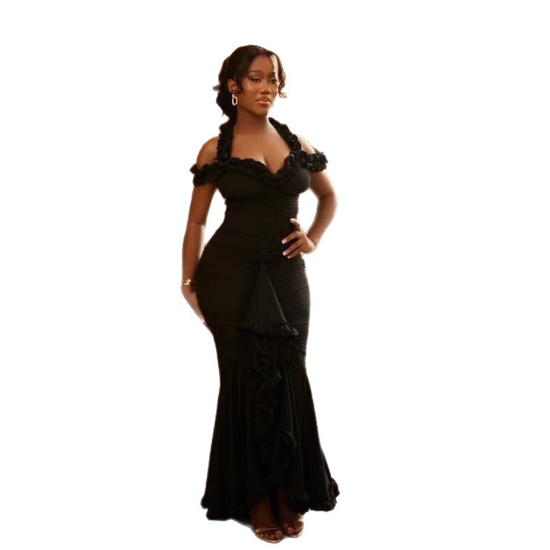 New Women's Multi Colored Mesh Lace Off Shoulder Fishtail Maxi Dress Slim Fit Pleated Design Party Evening Dress_ecoleips.com