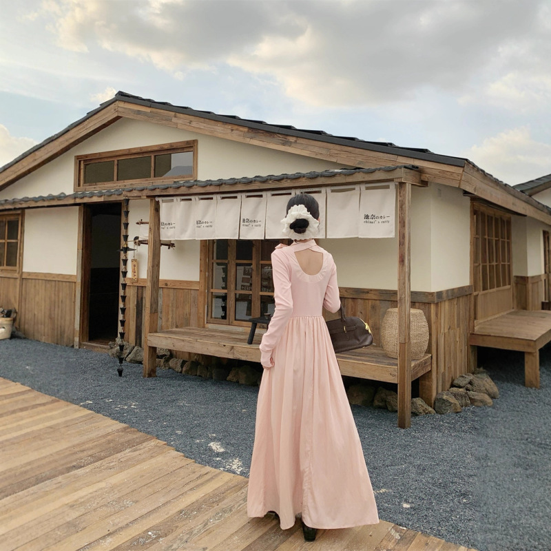 实拍 韩版小香风外套女温柔风长款针织挂脖长袖连衣裙两套装|undefined