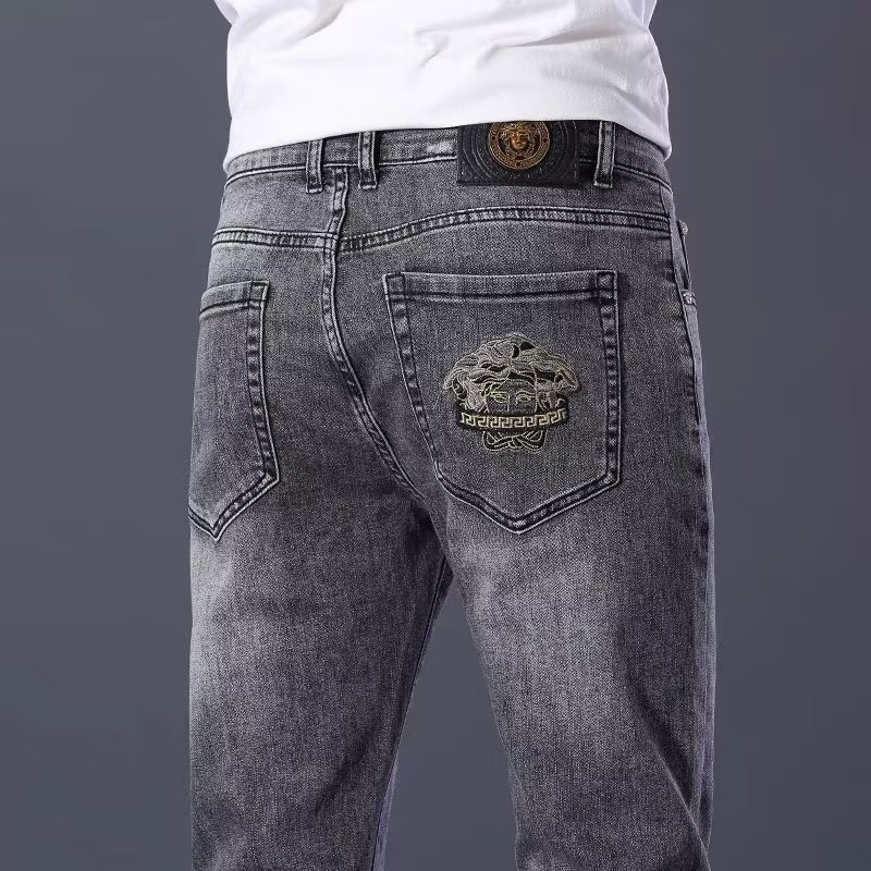 Cross-border pants men's smoky gray men's jeans stretch wear-resistant straight zipper business skinny pants one-piece delivery