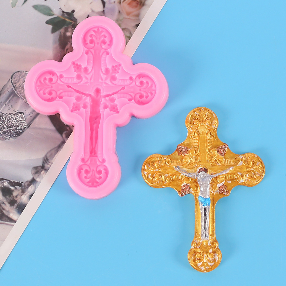 复古浮雕耶稣十字架硅胶模具巧克力翻糖蛋糕装饰糖艺香薰石膏树脂